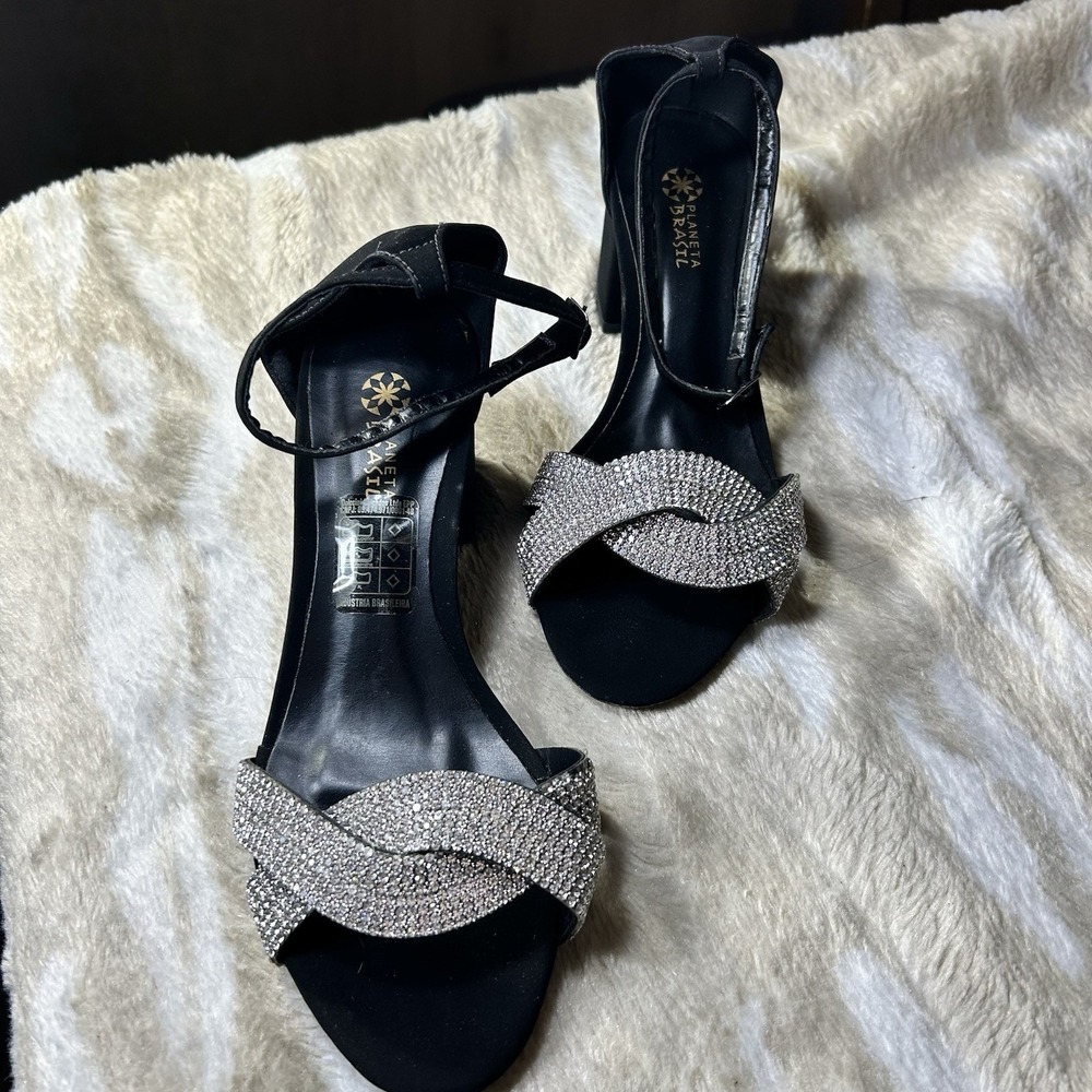 Planeta Brasil Women Black Rhinestone Block Heel Ankle Strap Sandals Size 37 6.5 - Picture 11 of 11